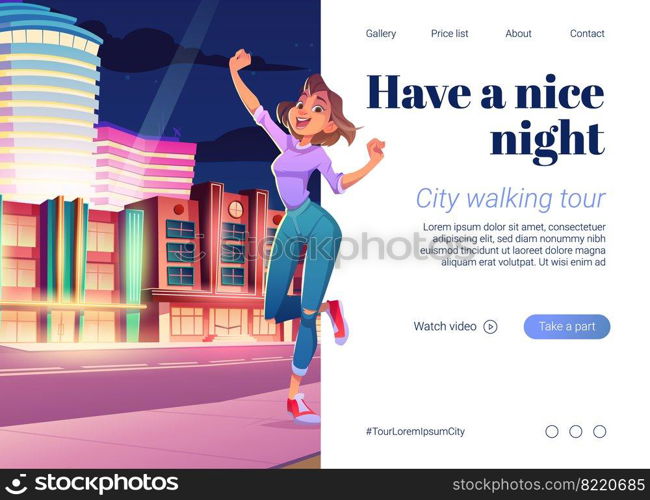 City walking tour banner. Travel concept, vacation with night walks. Vector landing page with cartoon illustration of happy woman tourist and town landscape with buildings and road at evening. City walking tour, vacation with night walks