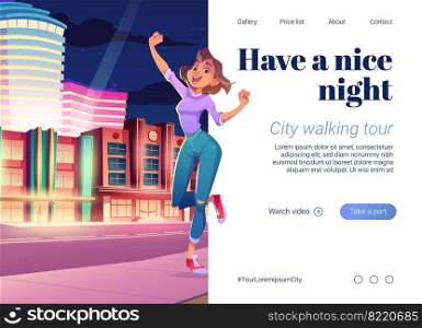 City walking tour banner. Travel concept, vacation with night walks. Vector landing page with cartoon illustration of happy woman tourist and town landscape with buildings and road at evening. City walking tour, vacation with night walks