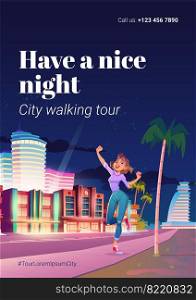 City walking tour poster. Travel concept, vacation with night walks. Vector flyer with cartoon illustration of happy woman tourist on street of town with buildings, palm tree and road at evening. City walking tour, vacation with night walks flyer