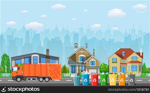 City waste recycling concept with garbage truck on village landscape background. Vector illustration in flat design.. City waste recycling concept