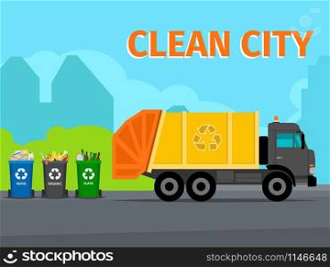 City waste recycling concept with garbage truck, vector illustration. City waste recycling concept