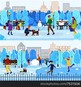 City winter park, ice rink and branches, people skating. Man walking with dog, snow and sleighs, outdoors activity, holiday atmosphere vector illustration. Ice Rink and Winter Park, People Skating, Outdoors
