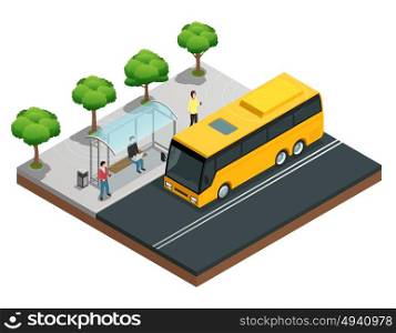 City wireless communication isometric composition. City wireless communication isometric concept with people on a bus stop vector illustration