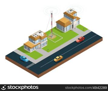 City Wireless Communication Isometric Composition. Isometric composition of town street with devices in houses tower and cars connected by wireless network vector illustration