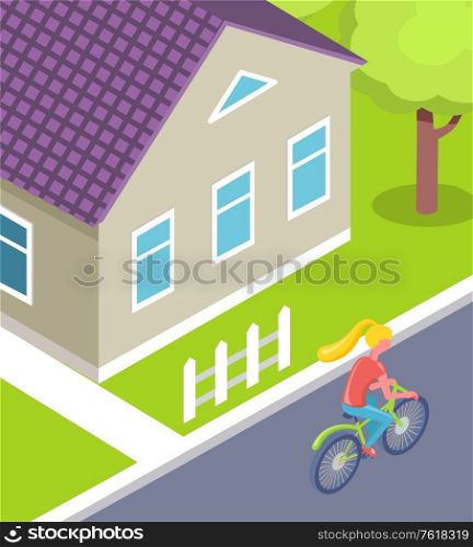 City with calm atmosphere vector, woman on bike cyclist in small town passing building with fence and green lawn. Ecological transport usage cycling. Woman Riding Bicycle, Person Using Bike in City