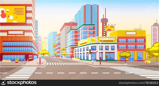 City with skyscrapers and high buildings vector, tall constructions and towers on city street, town advertisements and traffic light with sign for pedestrian crossing, urban cityscape early morning sunrise. Cityscape and Modern Roads, City Town 3d Style