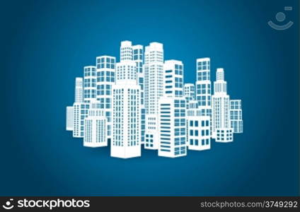 City with three-dimensional buildings and skyscrapers. Vector illustration on blue background