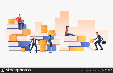 City with working people vector illustration. Ladder of success, job, career. Finance concept. Creative design for layouts, web pages, banners. City with working people vector illustration