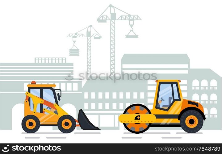 Cityscape and working machinery vector. City building and construction equipment, tractor and excavator cranes and lifting machine flat style work. Excavator Construction Equipment and Cityscape