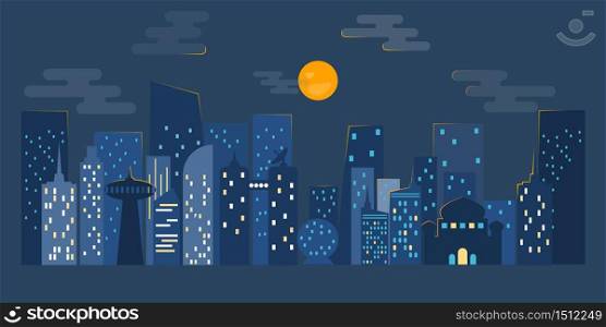 Cityscape at night time with moon light. Dark urban scape. flat style, abstract background.