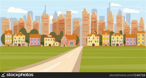 Cityscape Background Modern City Panorama With Road Suburban. Cityscape Background Modern City Panorama With Road Suburban Downtown Over Skyscrapers Skyline Silhouette Cartoon Vector Illustration