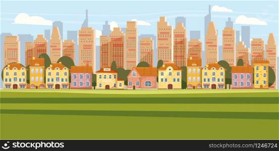 Cityscape Background Modern City Panorama With Suburban Downtown. Cityscape Background Modern City Panorama With Suburban Downtown Over Skyscrapers Skyline Silhouette Cartoon Vector Illustration