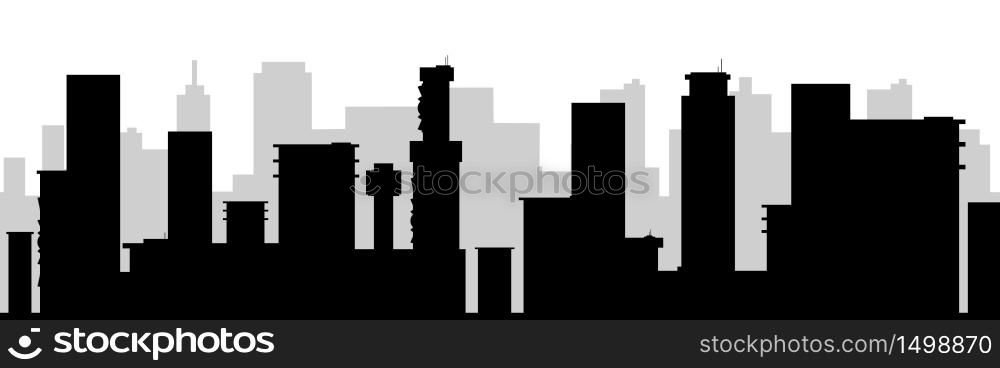 Cityscape black silhouette seamless border. Modern metropolis buildings monochrome vector illustration. City skyscrapers decorative ornament design. Urban scenery repeating pattern. Cityscape black silhouette seamless border