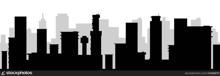 Cityscape black silhouette seamless border. Modern metropolis buildings monochrome vector illustration. City skyscrapers decorative ornament design. Urban scenery repeating pattern. Cityscape black silhouette seamless border