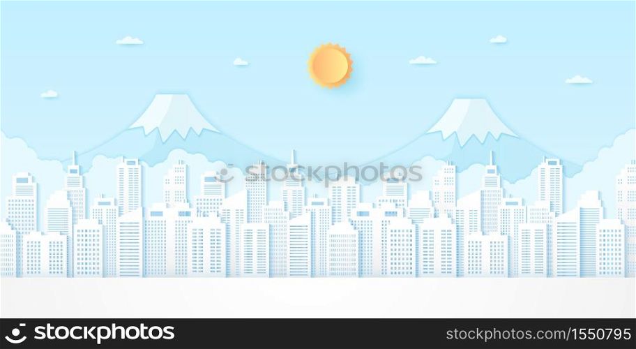Cityscape, building and mountain with blue sky and bright sun, paper art style