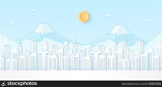 Cityscape, building and mountain with blue sky and bright sun, paper art style