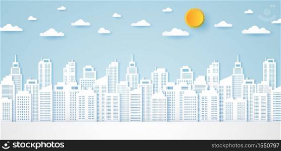 Cityscape, building with blue sky and a bright sun, paper art style