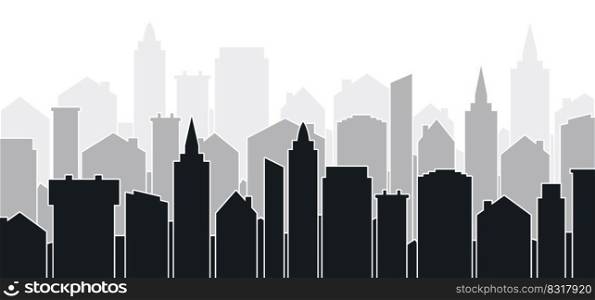 Cityscape. Cartoon urban skyline. City panorama, landscape, street, flat and office buildings. Wide horizontal panorama. Drawing silouette town view sky.
