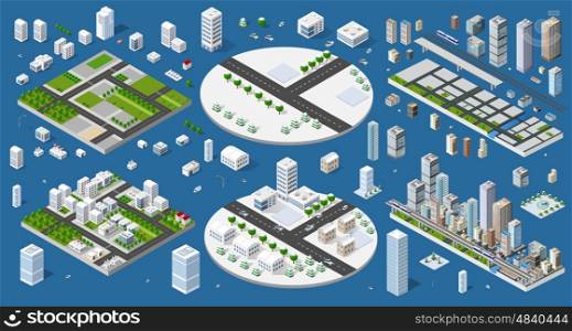Cityscape design elements with isometric building city map generator. 3D flat icon set. Isolated collection elements for creating your perfect road, park, transport, trees, infrastructure, industrial