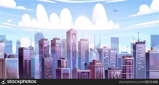 Cityscape flat building skyline vector background. Urban business skyscraper panorama. City scape with office in downtown outdoor game illustration. Blue panoramic metropolis environment concept. Cityscape flat building skyline vector background
