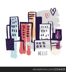 Cityscape hand drawn background.Vector sketch illustration.. Cityscape hand drawn background.