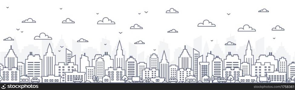 Cityscape horizontal seamless pattern - urban landscape with skyscrapers in linear style on white background. Thin line vector illustration. Cityscape horizontal seamless pattern - urban landscape with skyscrapers in linear style on white background. Thin line vector illustration.