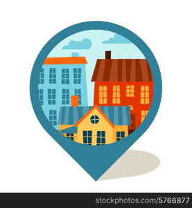 Cityscape navigation marker with cute colorful houses.