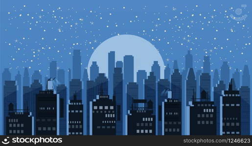 Cityscape night. Modern city skyline panoramic vector background. Cityscape night. Modern city skyline panoramic vector background. Urban city tower skyscrapers skyline illustration, isolated, illustration