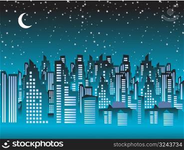 Cityscape night, silhouettes of houses