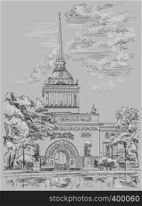 Cityscape of Admiralty building, Saint Petersburg, Russia. Front view of old Admiralty building from Garden. Isolated vector hand drawing illustration in black and white colors on grey background.