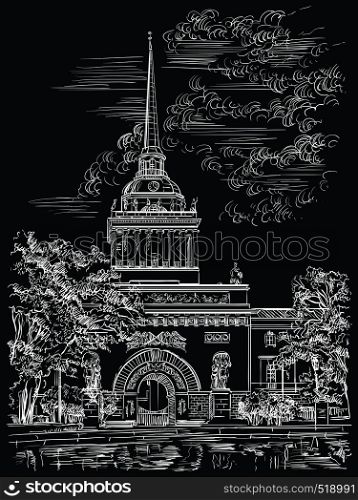 Cityscape of Admiralty building, Saint Petersburg, Russia. Front view of old Admiralty building from Garden. Isolated vector hand drawing illustration in white color on black background