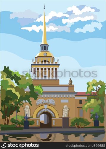 Cityscape of Admiralty building, Saint Petersburg, Russia. Front view of old Admiralty building from Garden. Colorful vector illustration.