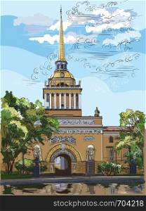 Cityscape of Admiralty building, Saint Petersburg, Russia. Front view of old Admiralty building from Garden. Colorful vector hand drawing illustration.