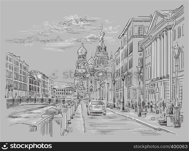 Cityscape of Church of the Savior on Blood in Saint Petersburg, Russia and embankment of river. Isolated vector hand drawing illustration in black and white colors on grey background.