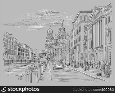Cityscape of Church of the Savior on Blood in Saint Petersburg, Russia and embankment of river. Isolated vector hand drawing illustration in black and white colors on grey background.