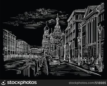 Cityscape of Church of the Savior on Blood in Saint Petersburg, Russia and embankment of river. Isolated vector hand drawing illustration in white color on black background.