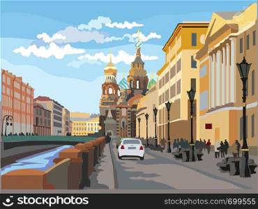 Cityscape of Church of the Savior on Blood in Saint Petersburg, Russia and embankment of river. Colorful vector illustration.