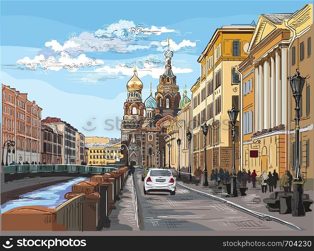 Cityscape of Church of the Savior on Blood in Saint Petersburg, Russia and embankment of river. Colorful vector hand drawing illustration.
