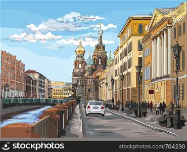 Cityscape of Church of the Savior on Blood in Saint Petersburg, Russia and embankment of river. Colorful vector hand drawing illustration.