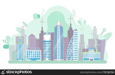 Cityscape of futuristic Megapolis. Big modern city architecture, metropolis panorama. High skyscrapers, panoramic windows, multi storey building vector, green sity. Futuristic Megapolis, Modern City, Skyscraper