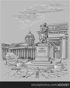 Cityscape of Kazan Cathedral in St. Petersburg, Russia and monument to Barclay de Tolly. Isolated vector hand drawing illustration in black and white colors on grey background.