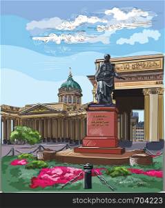 Cityscape of Kazan Cathedral in St. Petersburg, Russia and monument to Barclay de Tolly. Colorful vector hand drawing illustration.