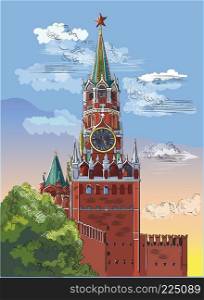 Cityscape of Kremlin Spasskaya tower (Red Square, Moscow, Russia). Colorful isolated vector hand drawing illustration.