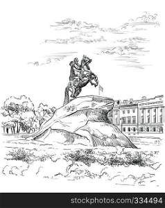 Cityscape of  Monument of Russian emperor Peter the Great on Senate square, Saint Petersburg, Russia. View on bronze horseman monument and  Senate. Isolated vector hand drawing illustration in black color on white background