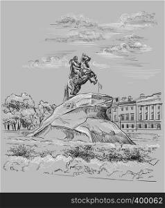 Cityscape of Monument of Russian emperor Peter the Great on Senate square, Saint Petersburg, Russia. View on bronze horseman monument and Senate. Isolated vector hand drawing illustration in black and white colors on grey background.