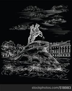 Cityscape of Monument of Russian emperor Peter the Great on Senate square, Saint Petersburg, Russia. View on bronze horseman monument and Senate. Isolated vector hand drawing illustration in white color on black background