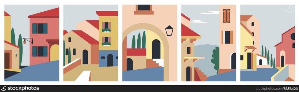 Cityscape of old city with buildings and architecture, plants and trees. Town streets with exteriors and facades of homes and houses, arches with lanterns and windows on walls. Vector in flat style. City streets, town view with architecture exterior