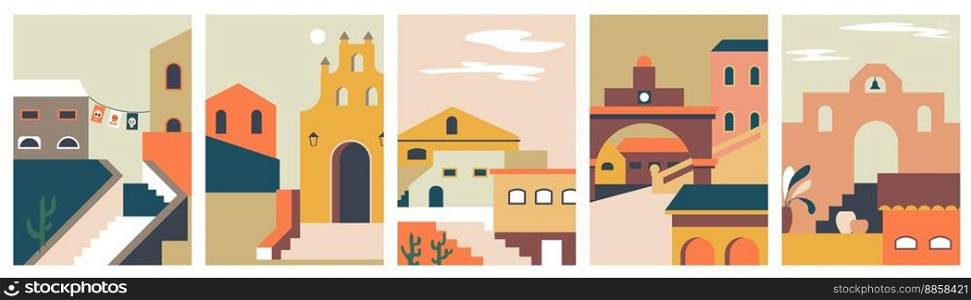 Cityscape of old town or city with architecture and buildings exteriors and facades. Stairs and rooftops, streets and urban planning. Italian or mediterranean lifestyle. Vector in flat style. City or town view, buildings architecture scene