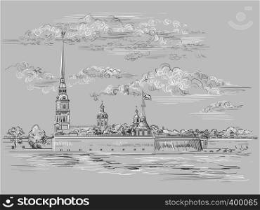 Cityscape of The Peter and Paul Fortress in Saint Petersburg, Russia and embankment of river. Isolated vector hand drawing illustration in black and white colors on grey background.