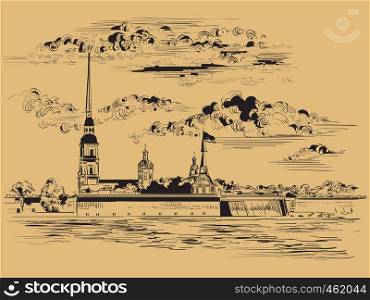 Cityscape of The Peter and Paul Fortress in Saint Petersburg, Russia and embankment of river. Isolated vector hand drawing illustration in black color on brown background.